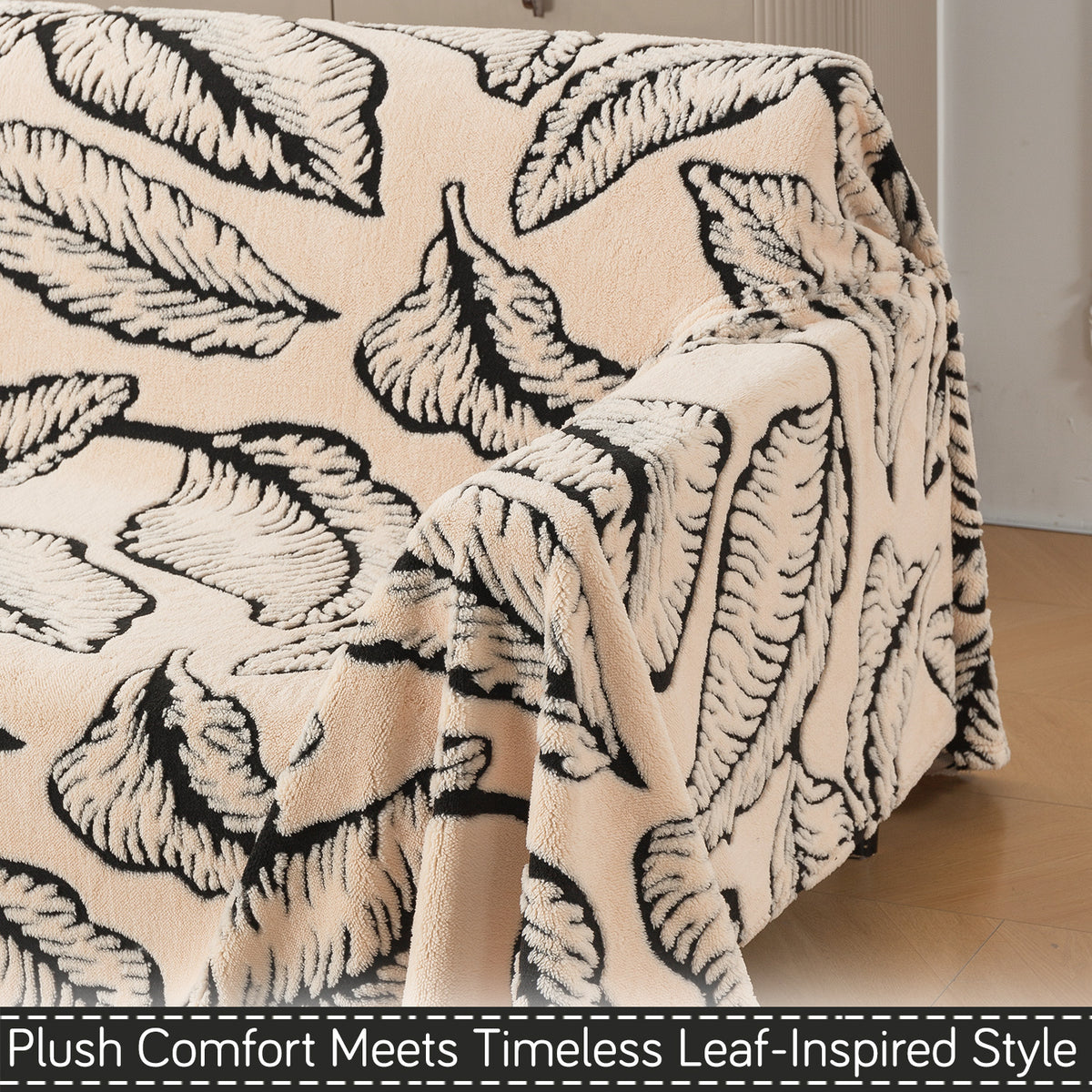'Noirea Series' Plush Sherpa Sofa Cover Throw for Complete Sofa, Botanical Leaf