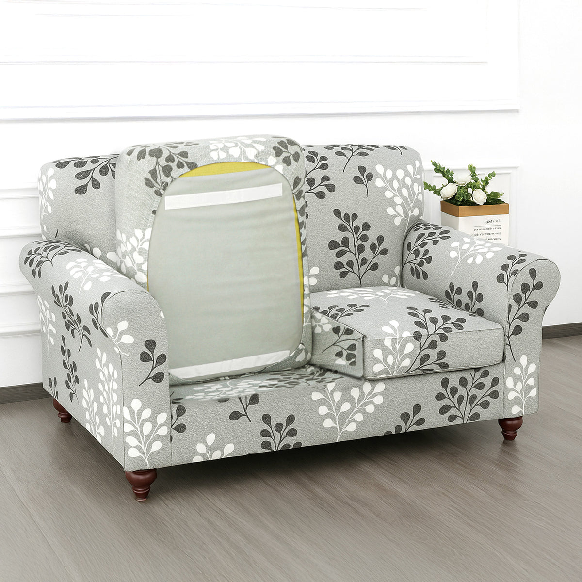Printed Stretchable Sofa Slipcover with 1/2/3 Pc Separate Seat Cushion Cover for each 1/2/3 Seater, Grey Misty Branches