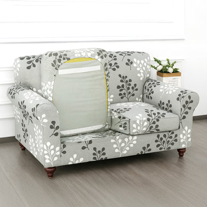 Printed Stretchable Sofa Slipcover with 1/2/3 Pc Separate Seat Cushion Cover for each 1/2/3 Seater, Grey Misty Branches