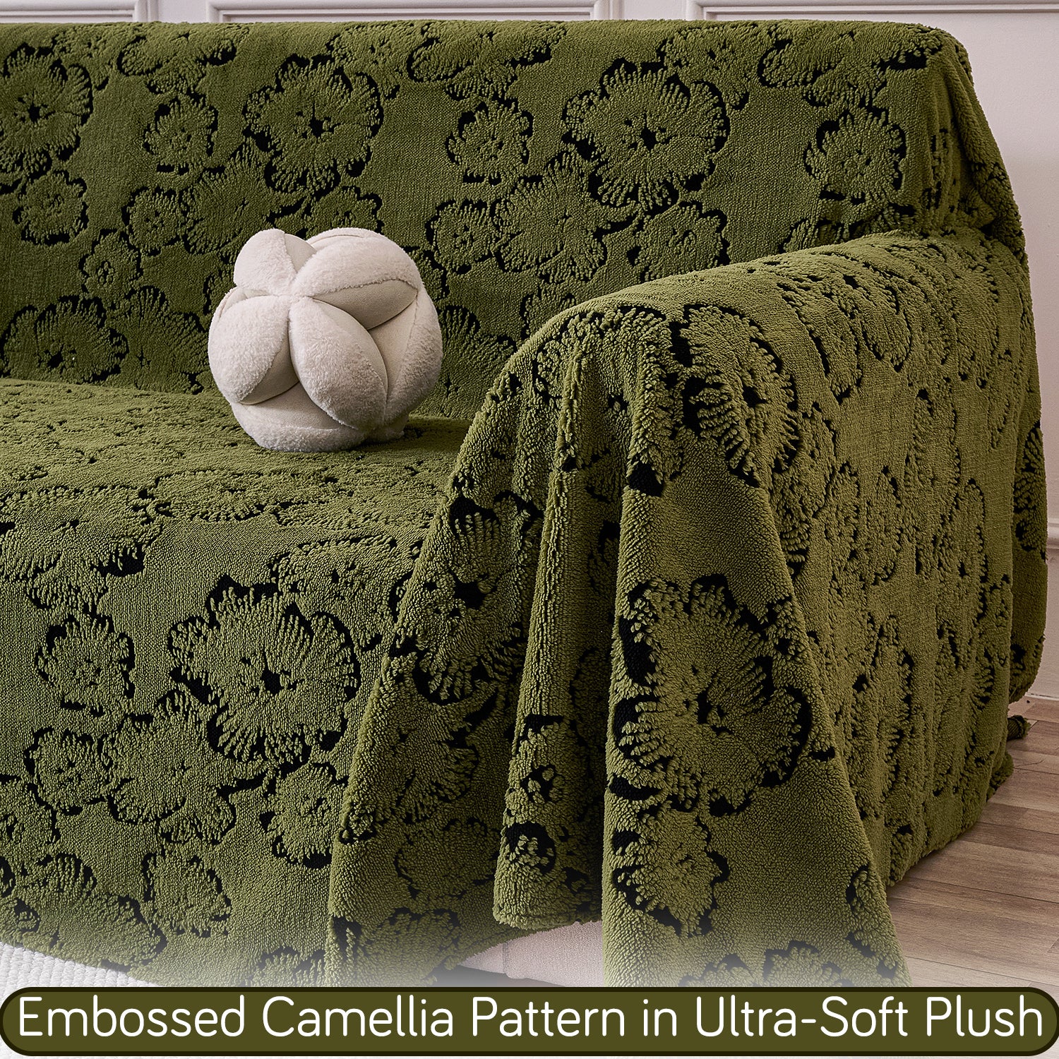 Buy Forest Olive Colour Camellia Blossom Luxury Plush Sofa Cover – 3 Seater Sofa | HOKIPO