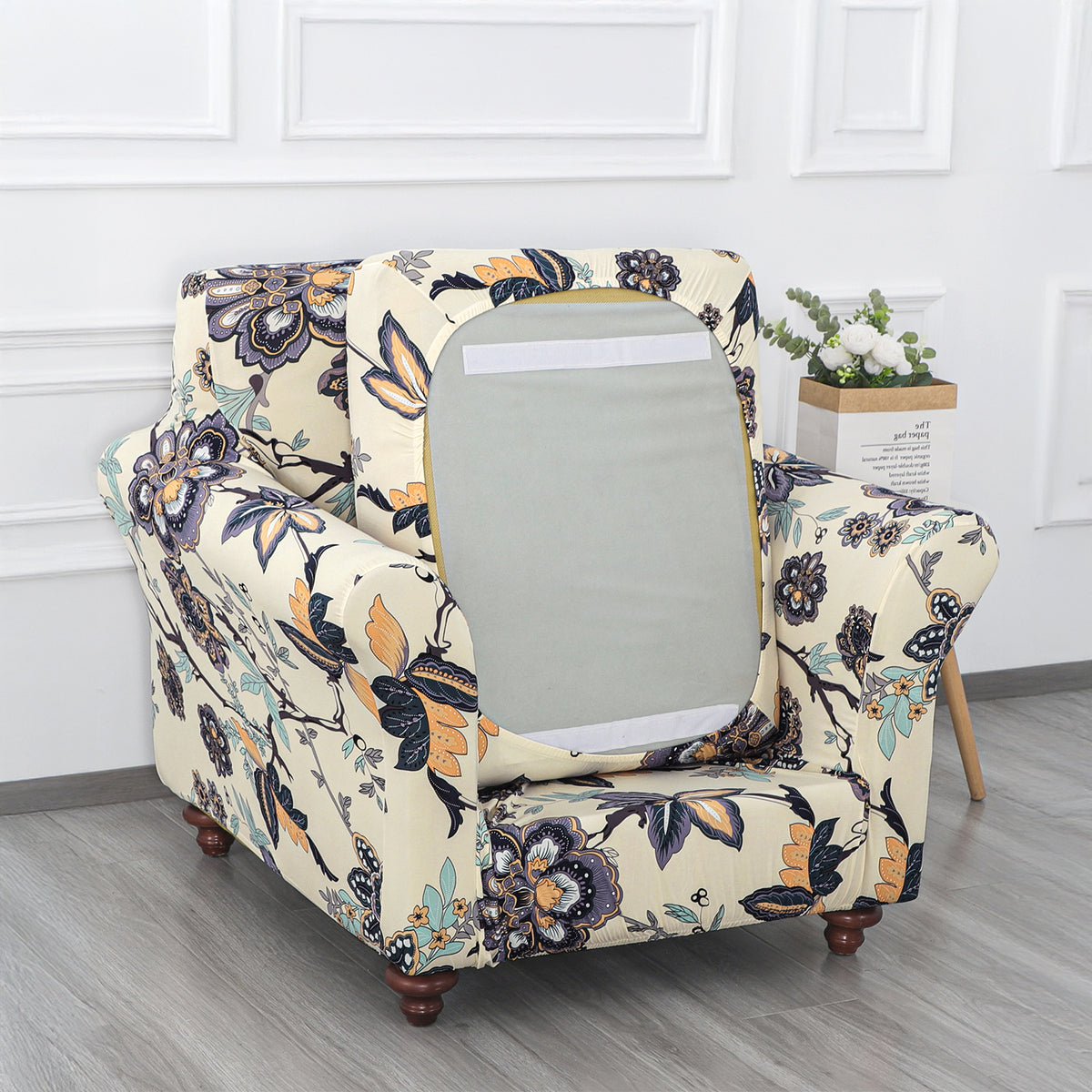Printed Stretchable Sofa Slipcover with 1/2/3 Pc Separate Seat Cushion Cover for each 1/2/3 Seater, Cream Majestic Flora