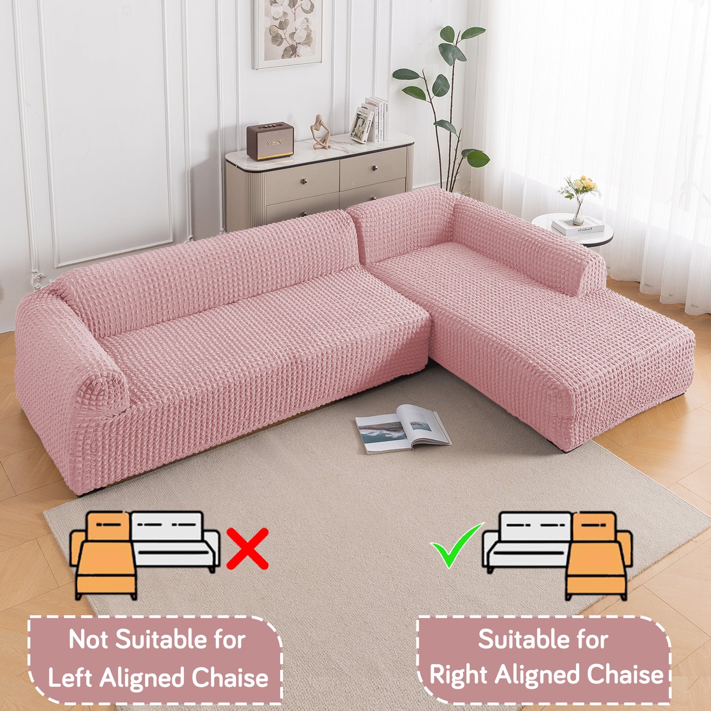 Aria Nova Bubble 2-Piece Stretchable L Shape Sofa Cover with Right Chaise, Tea Rose Pink