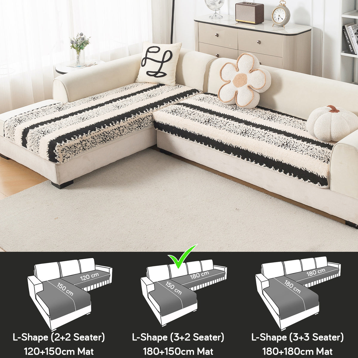 Luxury Plush Sherpa Anti Slip Combination Sofa Mat, 'Noirea Series'|Textured Stripe
