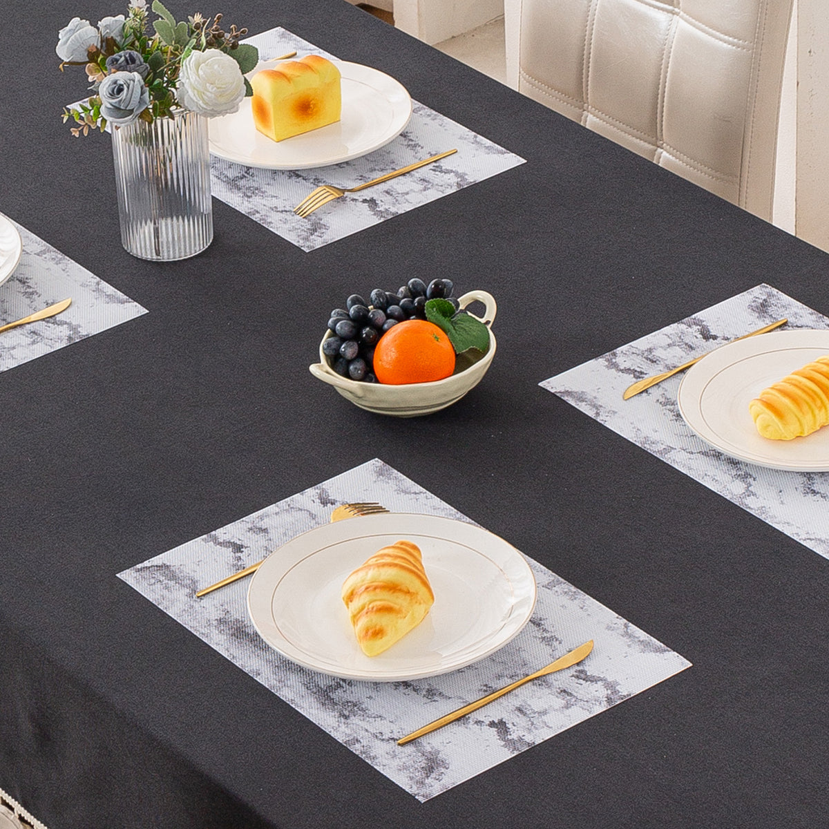 Marble Fusion PVC Mats for Dining Table, Misty Clouds - Spanish Grey