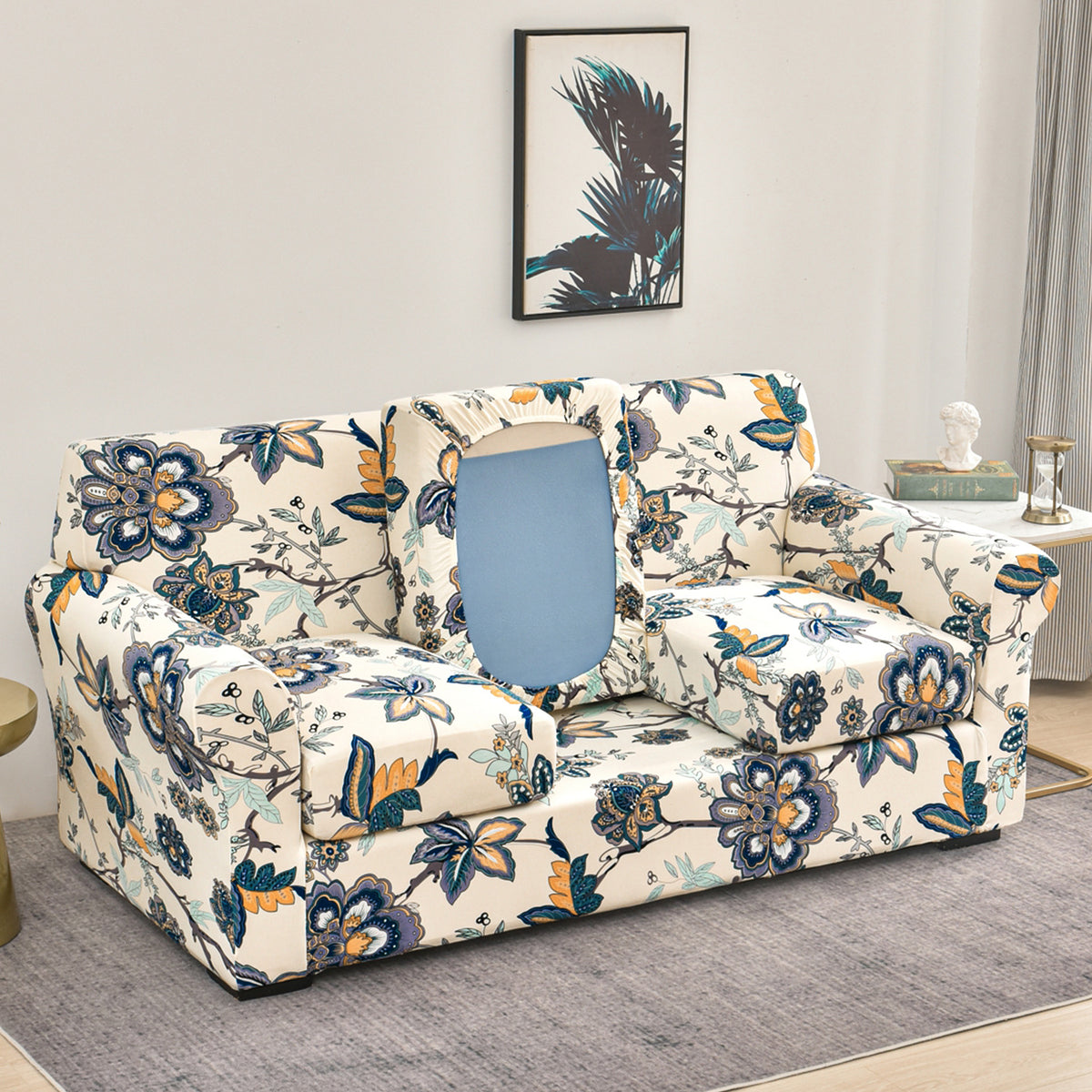 Printed Stretchable Sofa Slipcover with 1/2/3 Pc Separate Seat Cushion Cover for each 1/2/3 Seater, Cream Majestic Flora
