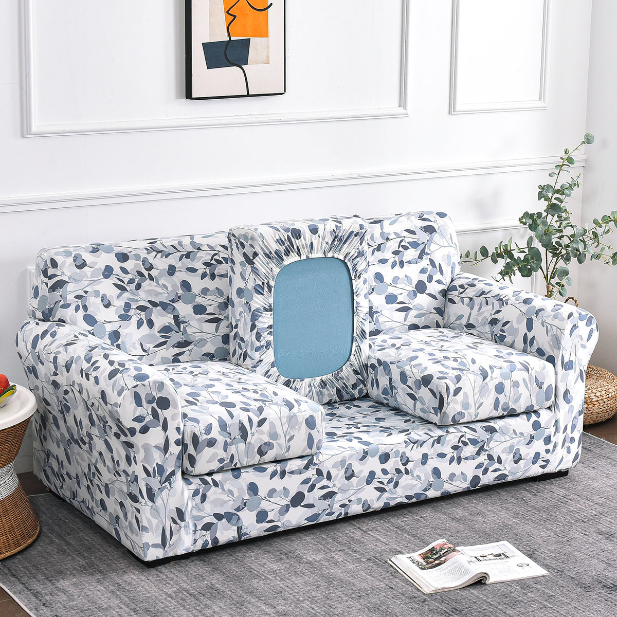Printed Stretchable Sofa Slipcover with 1/2/3 Pc Separate Seat Cushion Cover for each 1/2/3 Seater,Frost Blue Foilage