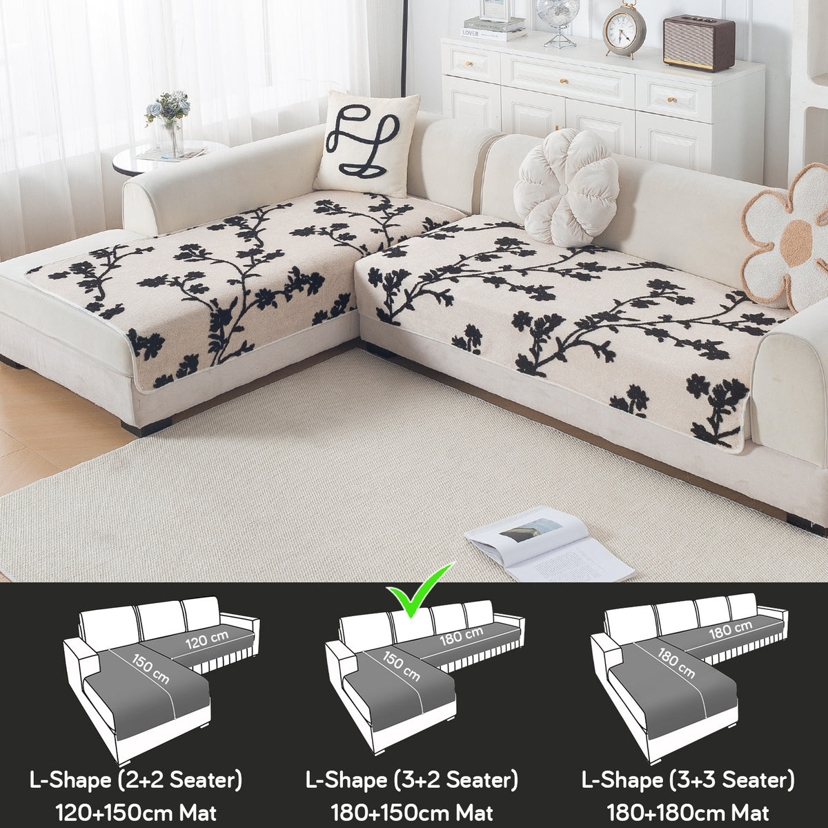 Luxury Plush Sherpa Anti Slip Combination Sofa Mat, 'Noirea Series'|Botanical Vine