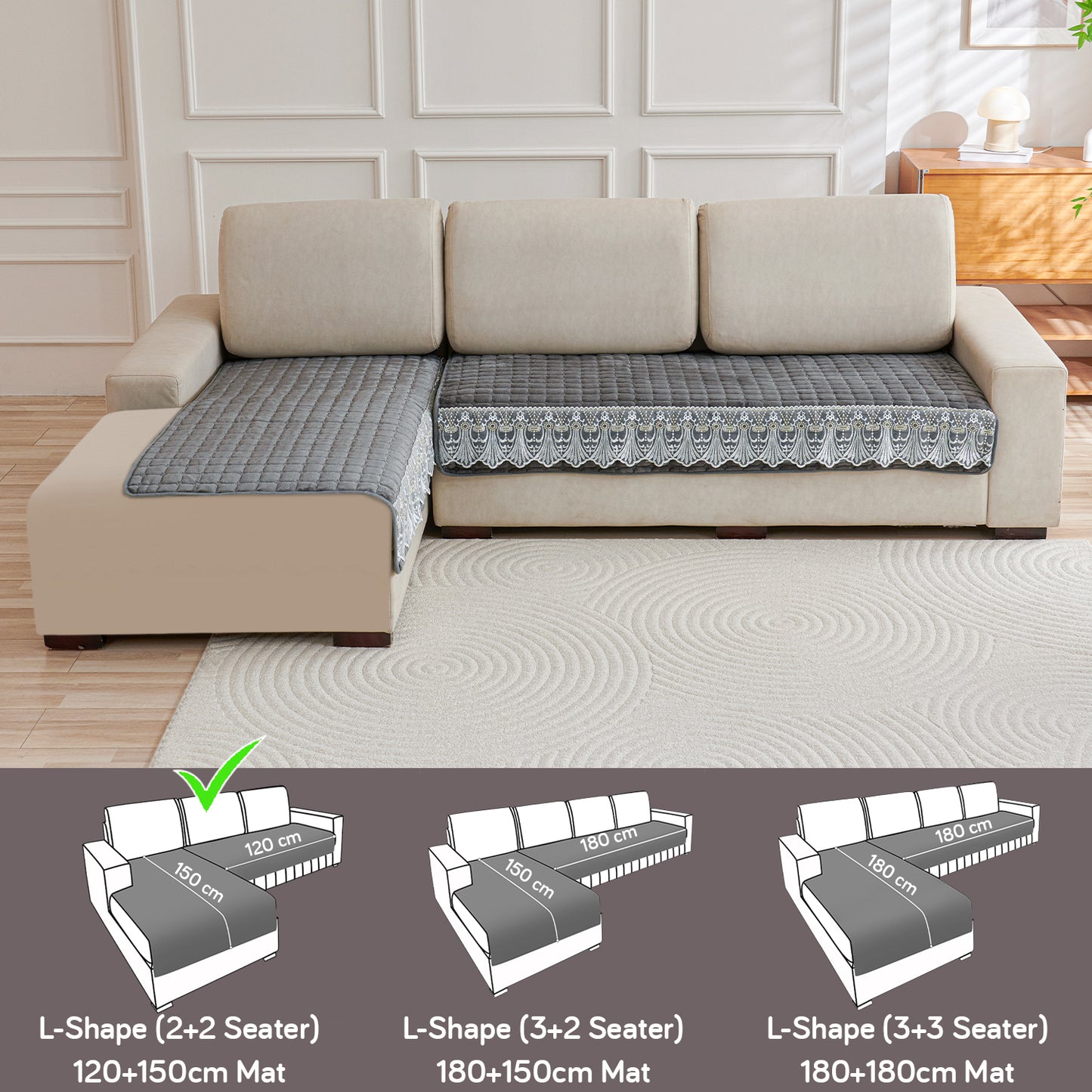 BelleLace Series Imperial Milk Velvet L Shape Sofa Cover Mat with Lace Design - Porpoise Grey
