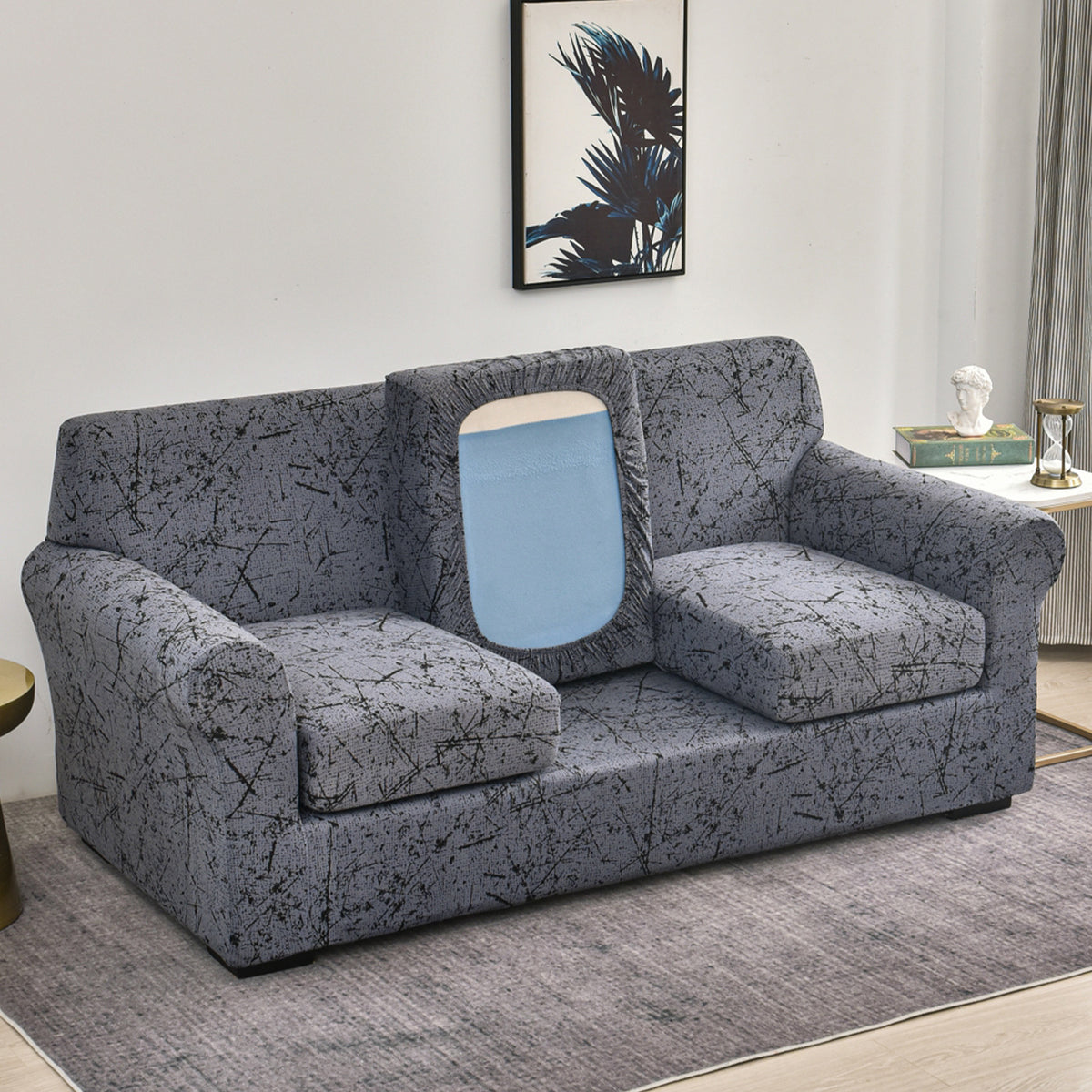 Printed Stretchable Sofa Slipcover with 1/2/3 Pc Separate Seat Cushion Cover for each 1/2/3 Seater, Intense Grey Splatter