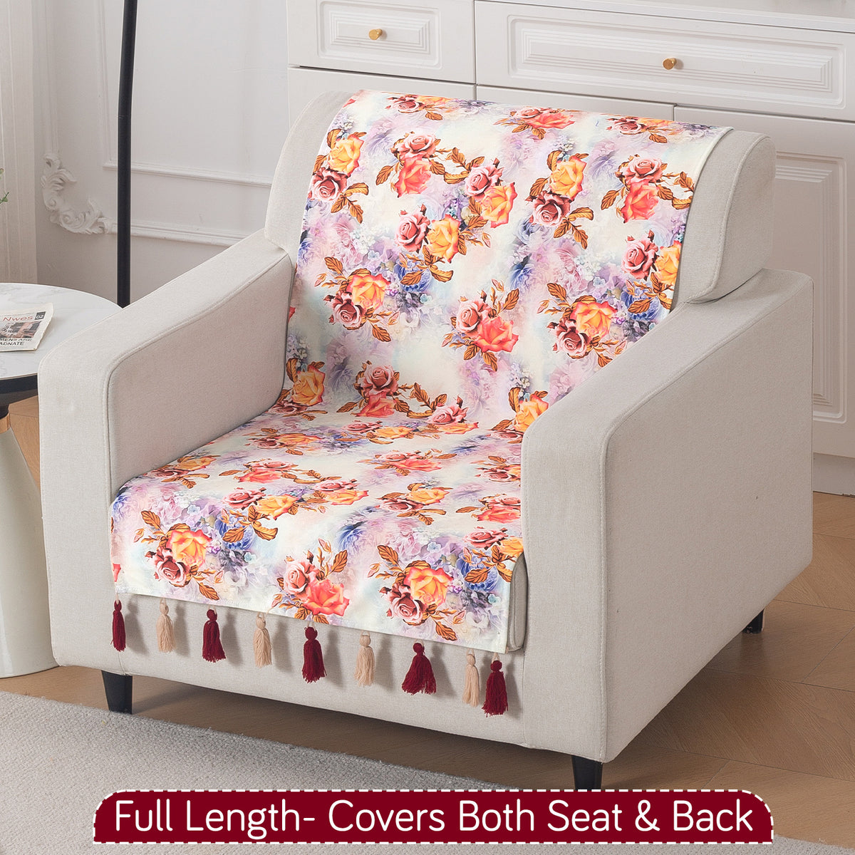 'Whispers of Nature' Series Holland Velvet Sofa Cover with Tassel, Vintage Rose Bloom