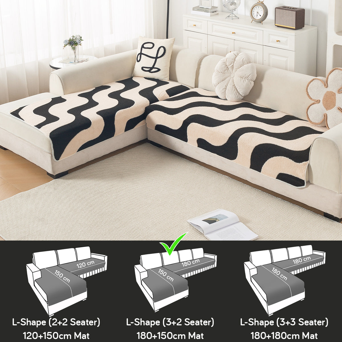 Luxury Plush Sherpa Anti Slip Combination Sofa Mat, 'Noirea Series'|Wavy Stripe