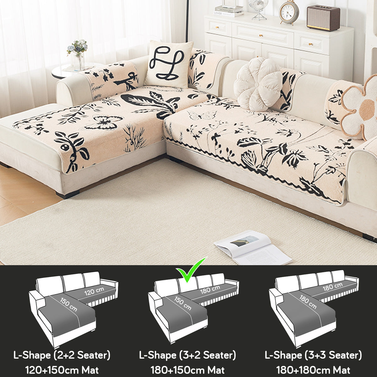 Luxury Plush Sherpa Anti Slip Combination Sofa Mat, 'Noirea Series'|Butterfly Garden
