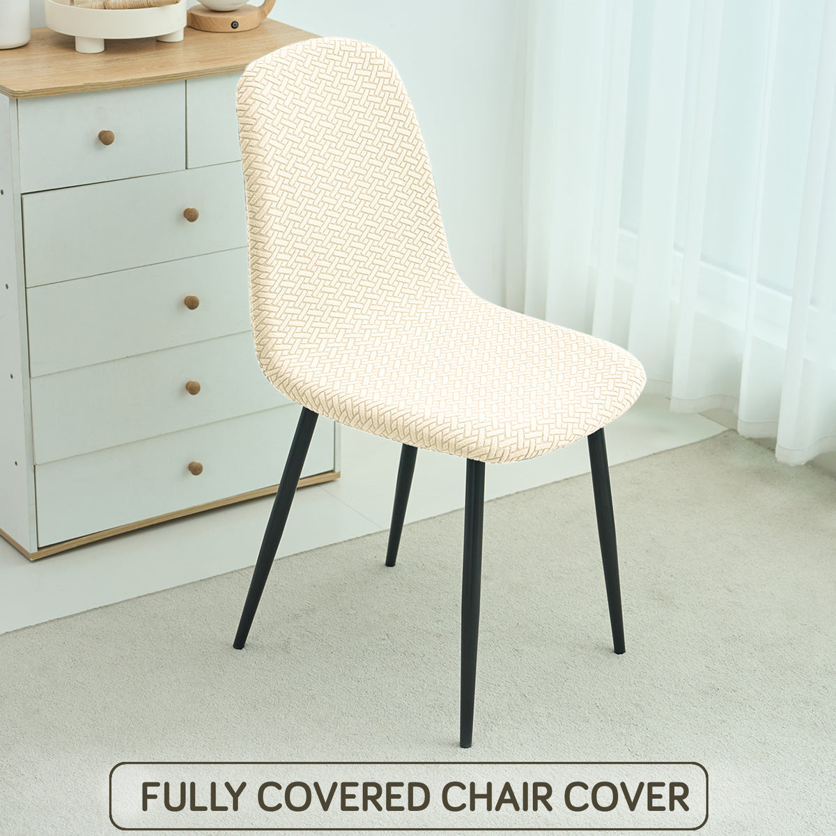 Premium Jacquard Fully Covered Cover for Mid Century Modern Dining Chair, Beige