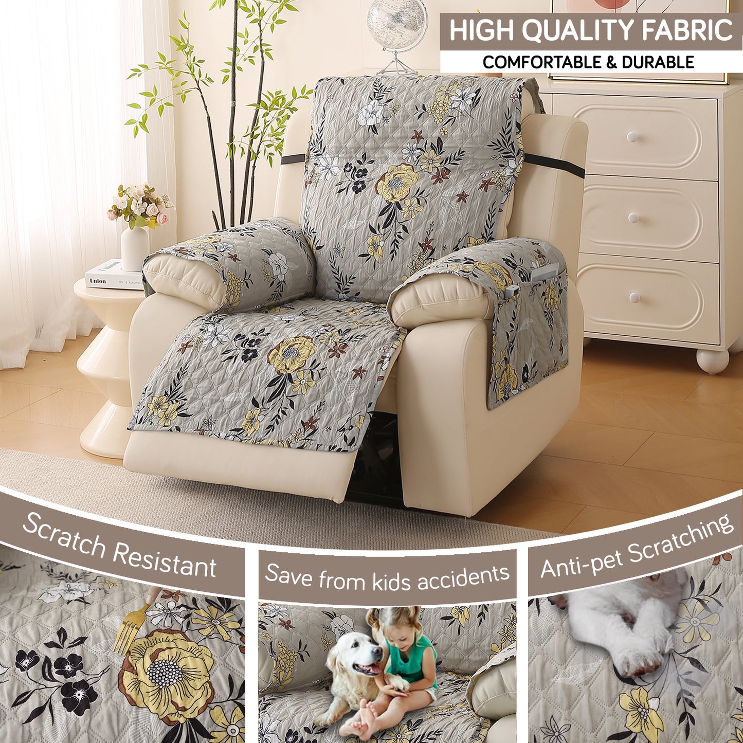 Quilted Printed Recliner Mats for 1 Seater Recliner Sofa, Floral Ash Grey