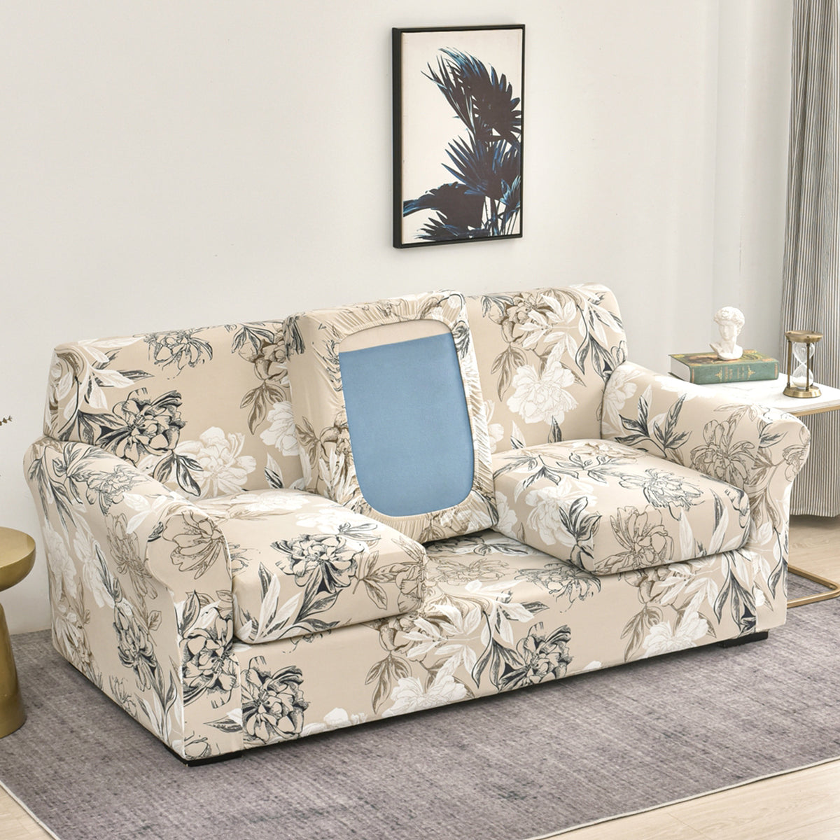 Printed Stretchable Sofa Slipcover with 1/2/3 Pc Separate Seat Cushion Cover for each 1/2/3 Seater, Beige Vintage Peony