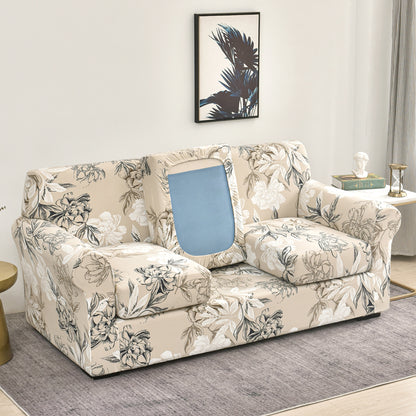 Printed Stretchable Sofa Slipcover with 1/2/3 Pc Separate Seat Cushion Cover for each 1/2/3 Seater, Beige Vintage Peony