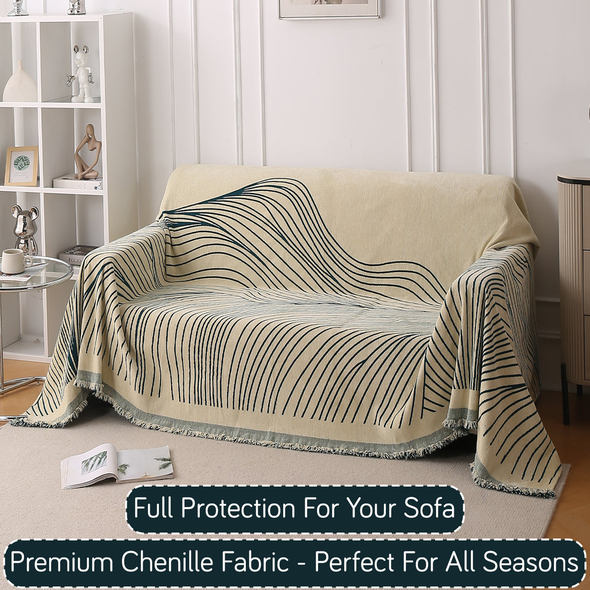 Buy Peacock Green Colour WaveLoom Chenille 2 Seater Sofa Throw | HOKIPO