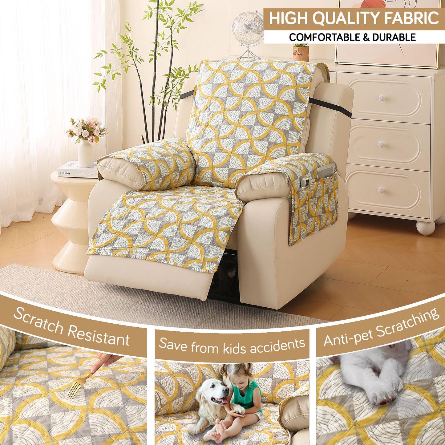 Quilted Printed Recliner Mats for 1 Seater Recliner Sofa, Windmill Cyber Yellow