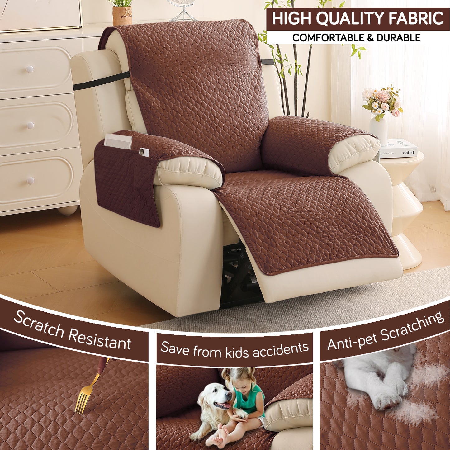Quilted Recliner Mats for 1 Seater Recliner Sofa, Dark Coffee