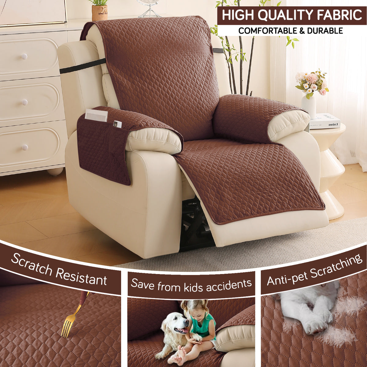 Quilted Recliner Mats for 1 Seater Recliner Sofa, Dark Coffee