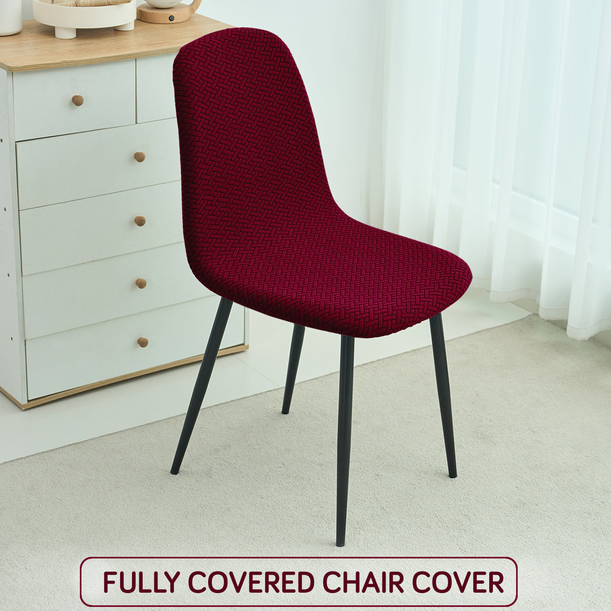 Premium Jacquard Fully Covered Cover for Mid Century Modern Dining Chair, Burgundy