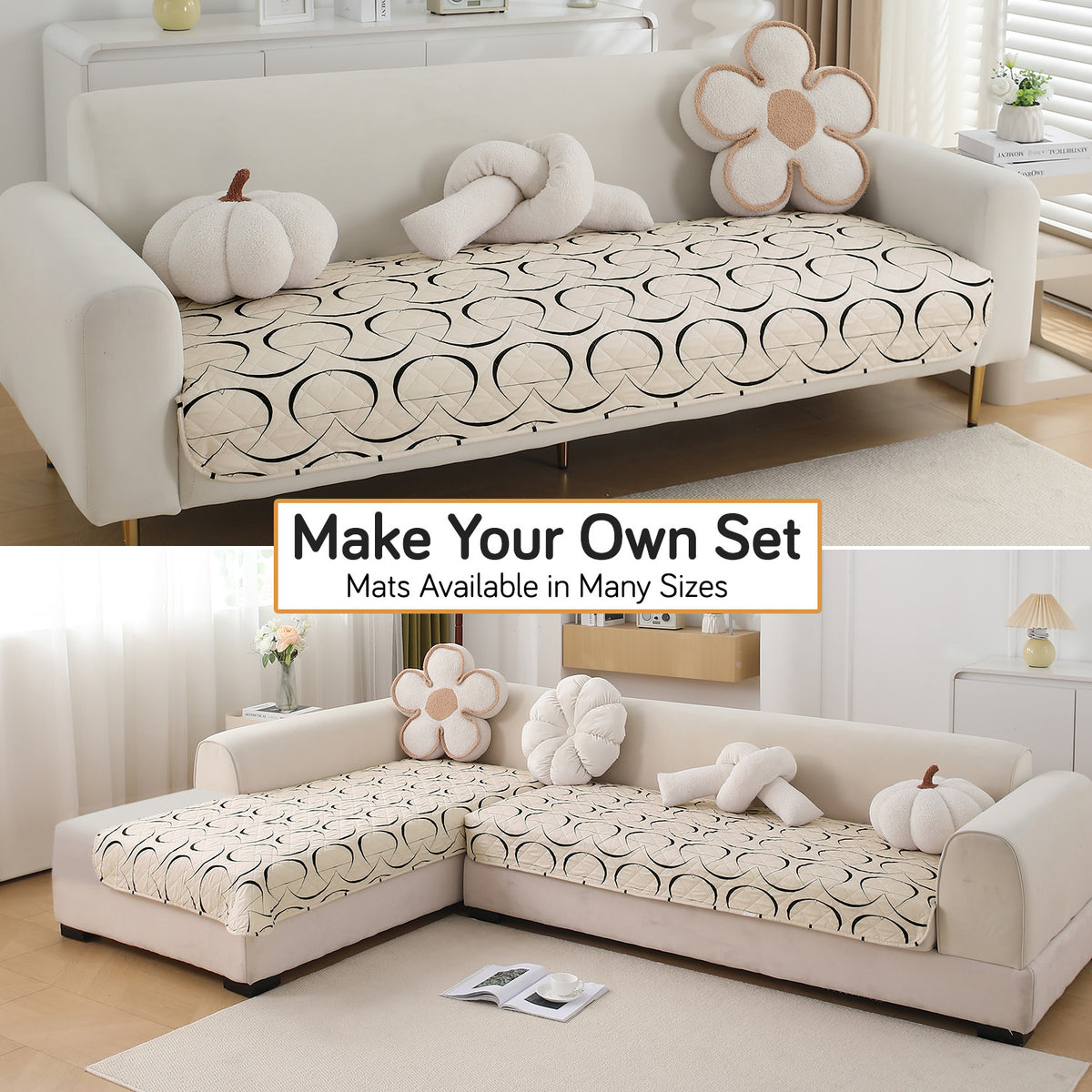Water Repellent + Waterproof Quilted Sofa Mats, Natural Beige Abstract Art