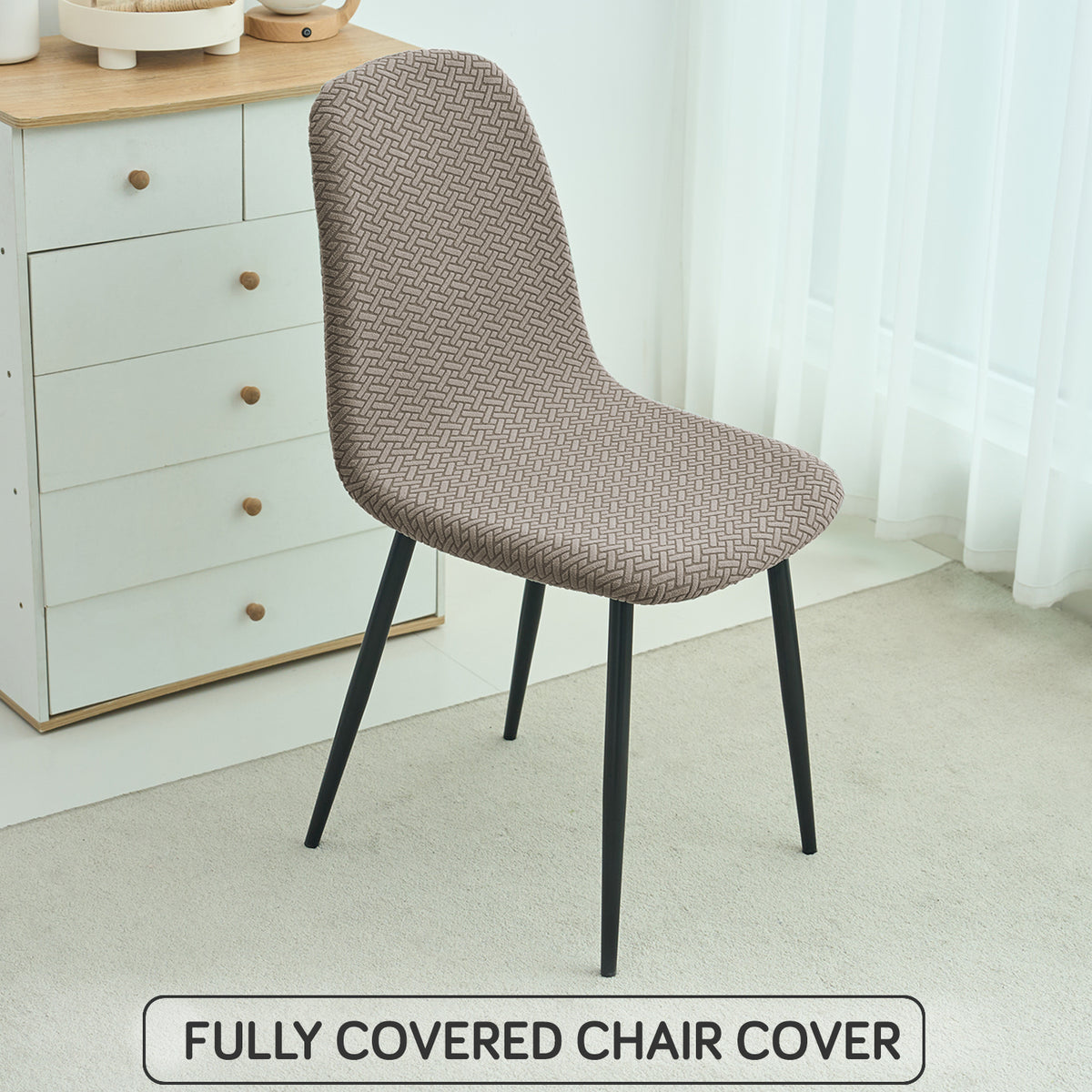 Premium Jacquard Fully Covered Cover for Mid Century Modern Dining Chair, Taupe Brown