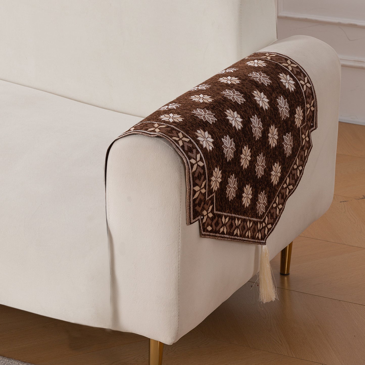 Heritage Weave Premium Jacquard Sofa Cover Set with Tassels - Russet Brown