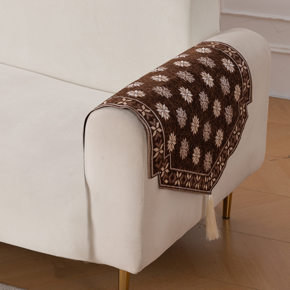 Heritage Weave Premium Jacquard Sofa Cover Set with Tassels - Russet Brown