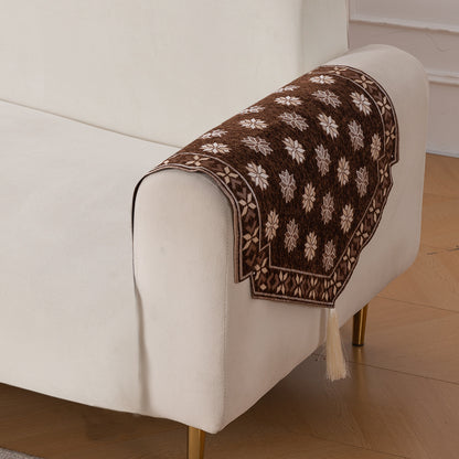 Heritage Weave Premium Jacquard Sofa Cover Set with Tassels - Russet Brown