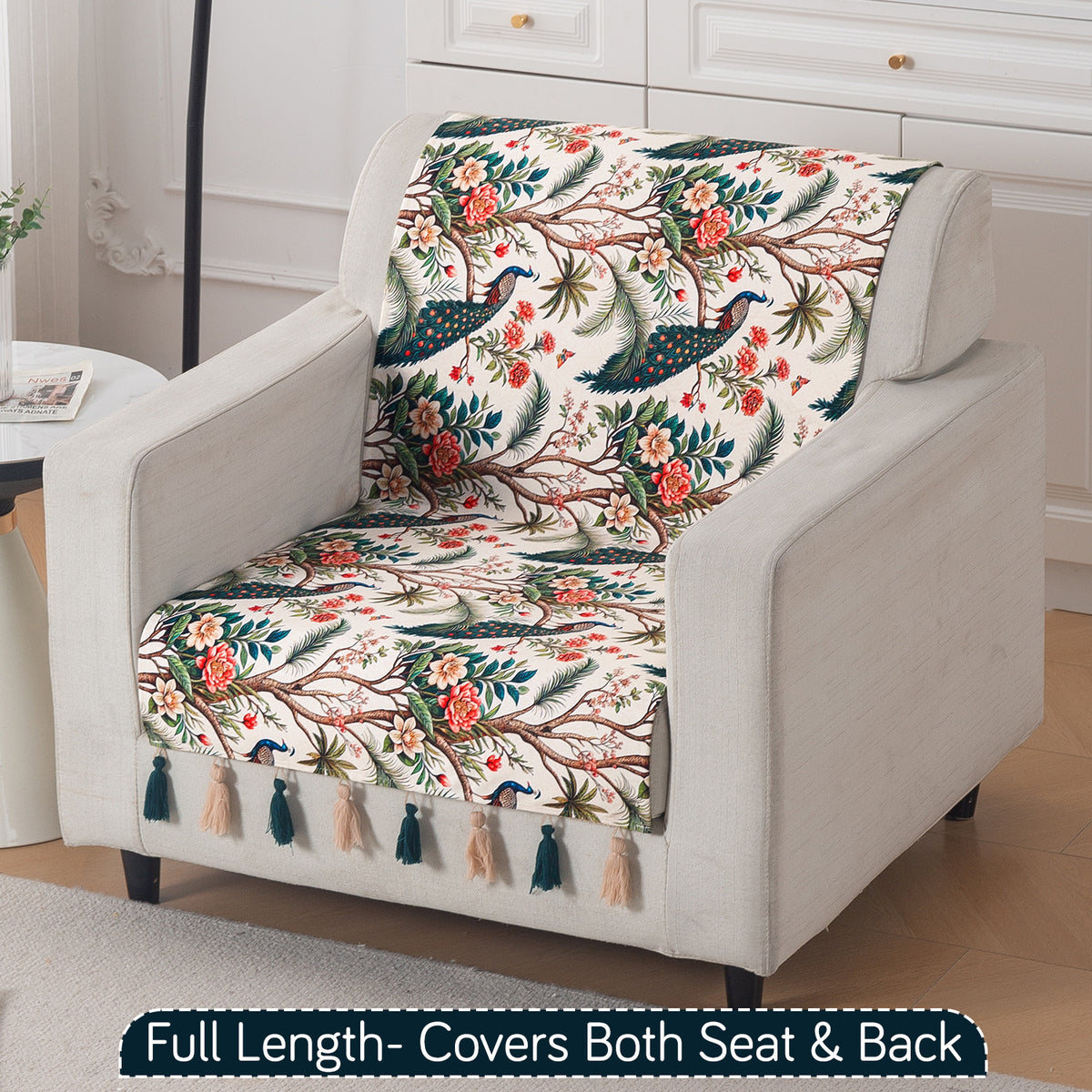 'Whispers of Nature' Series Holland Velvet Sofa Cover with Tassel, Multicolor Tropical Peacock