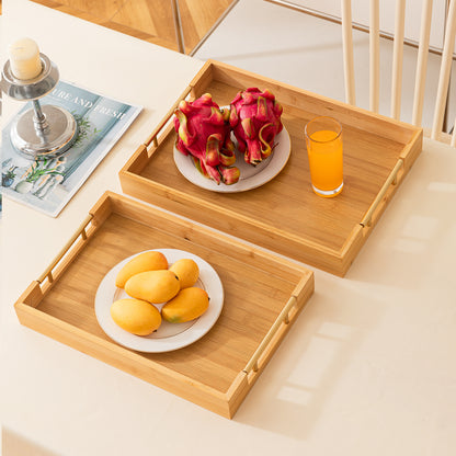 Bamboo Set of 2/3 Serving Tray Set with Gold Handles – Elegant Wooden Trays for Kitchen