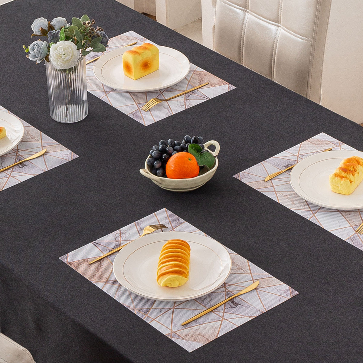 Marble Fusion PVC Mats for Dining Table, Angular Aura - Cream Gold