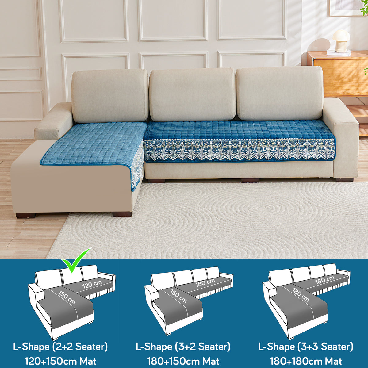BelleLace Series Imperial Milk Velvet L Shape Sofa Cover Mat with Lace Design - Celdaon Blue