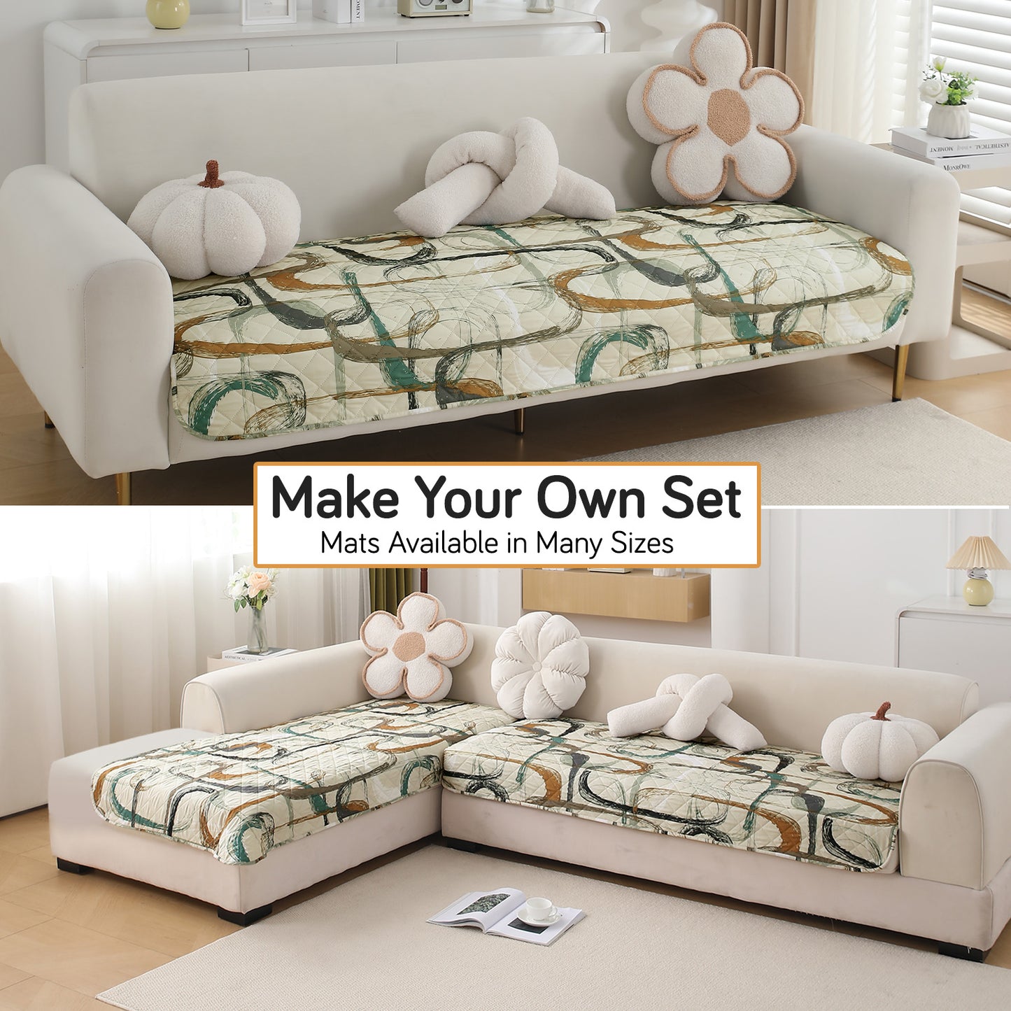 HOKIPO Water Repellent + Waterproof Quilted Sofa Mats, Parchement Beige Abstract Art