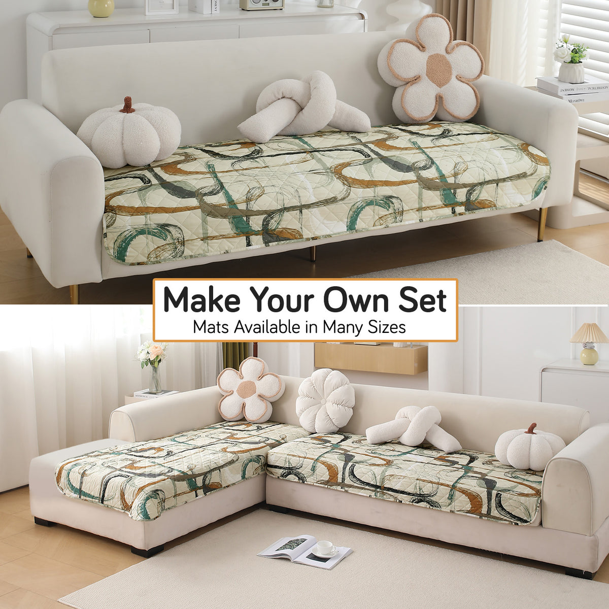 Water Repellent + Waterproof Quilted Sofa Mats, Parchement Beige Abstract Art