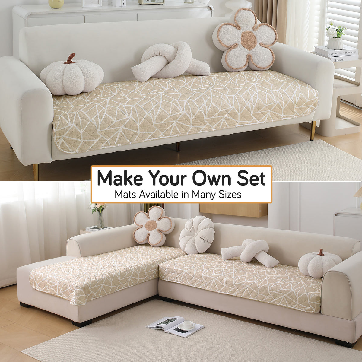 Water Repellent + Waterproof Quilted Sofa Mats, Beige Abstract Geometry