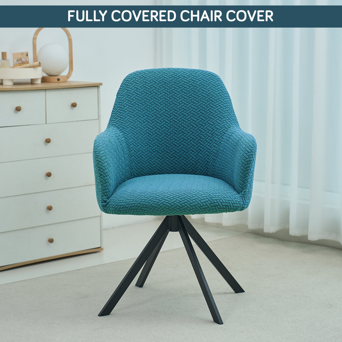 Premium Jacquard Fully Covered Cover for Swivel Dining Chair with Arms, Turquoise