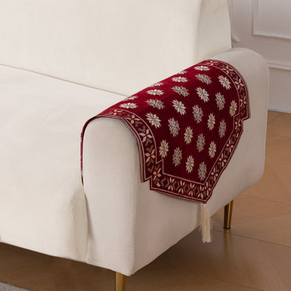 Heritage Weave Premium Jacquard Sofa Cover Set with Tassels -  Crimson Red