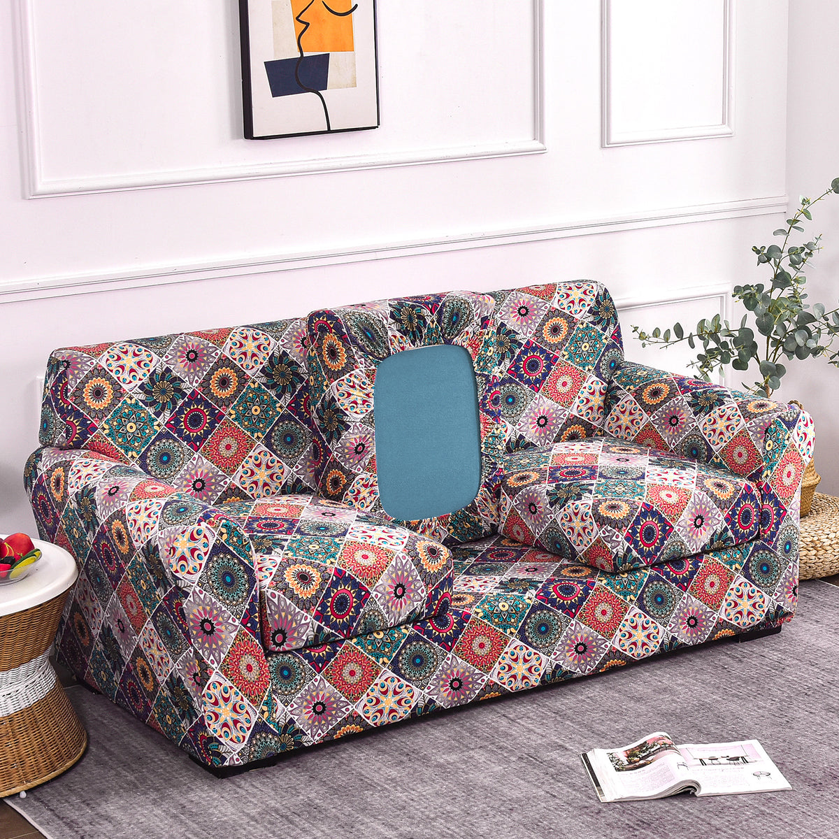 Printed Stretchable Sofa Slipcover with 1/2/3 Pc Separate Seat Cushion Cover for each 1/2/3 Seater, Spectrum Mosaic Magic