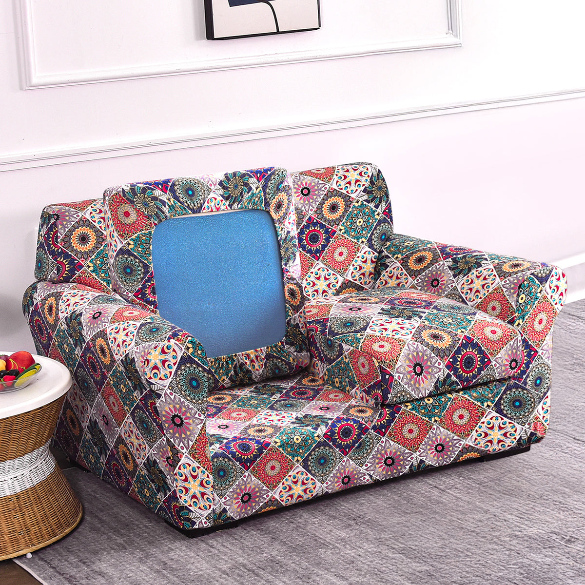 Printed Stretchable Sofa Slipcover with 1/2/3 Pc Separate Seat Cushion Cover for each 1/2/3 Seater, Spectrum Mosaic Magic
