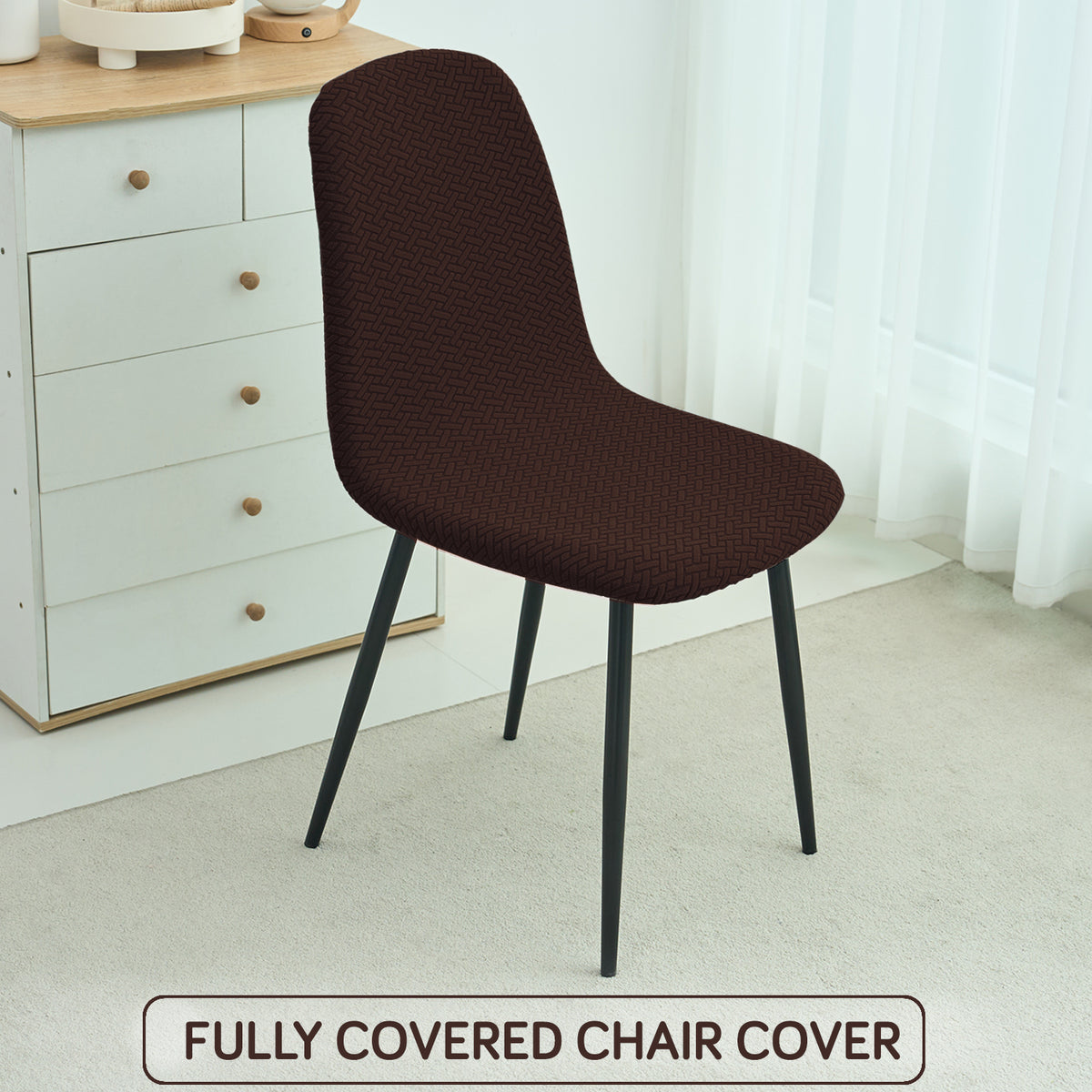 Premium Jacquard Fully Covered Cover for Mid Century Modern Dining Chair, Chocolate Brown