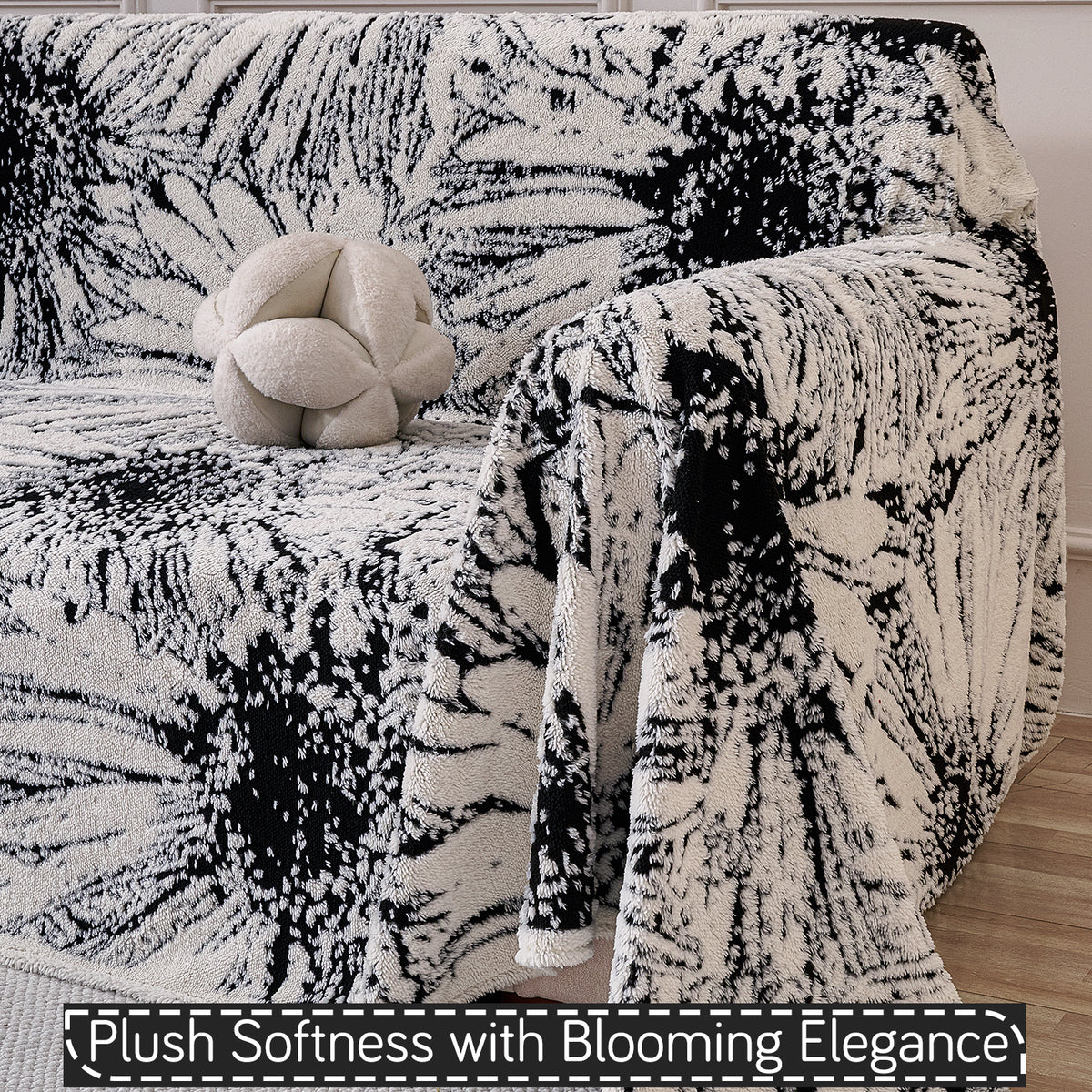 'DaisyBloom Series' Luxury Plush Sofa Cover Throw, Midnight Black