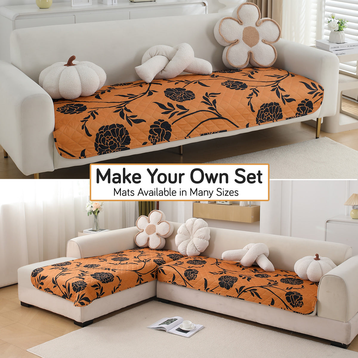 Water Repellent + Waterproof Quilted Sofa Mats, Copper Brown Floral