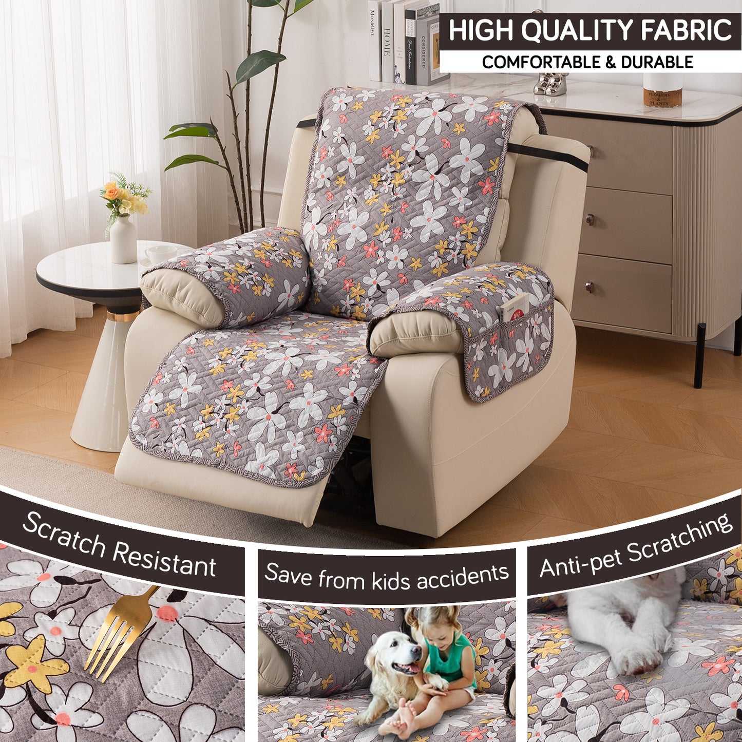 Quilted Cover for Recliner Sofa with SecureFit Belt & Side Pocket, Pastel Brown Sandwort Flower