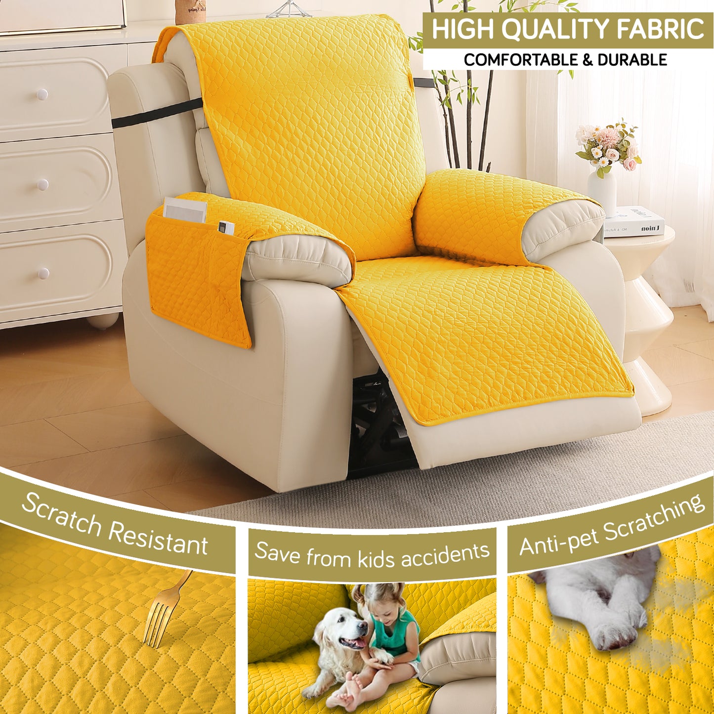 Quilted Recliner Mats for 1 Seater Recliner Sofa, Yellow