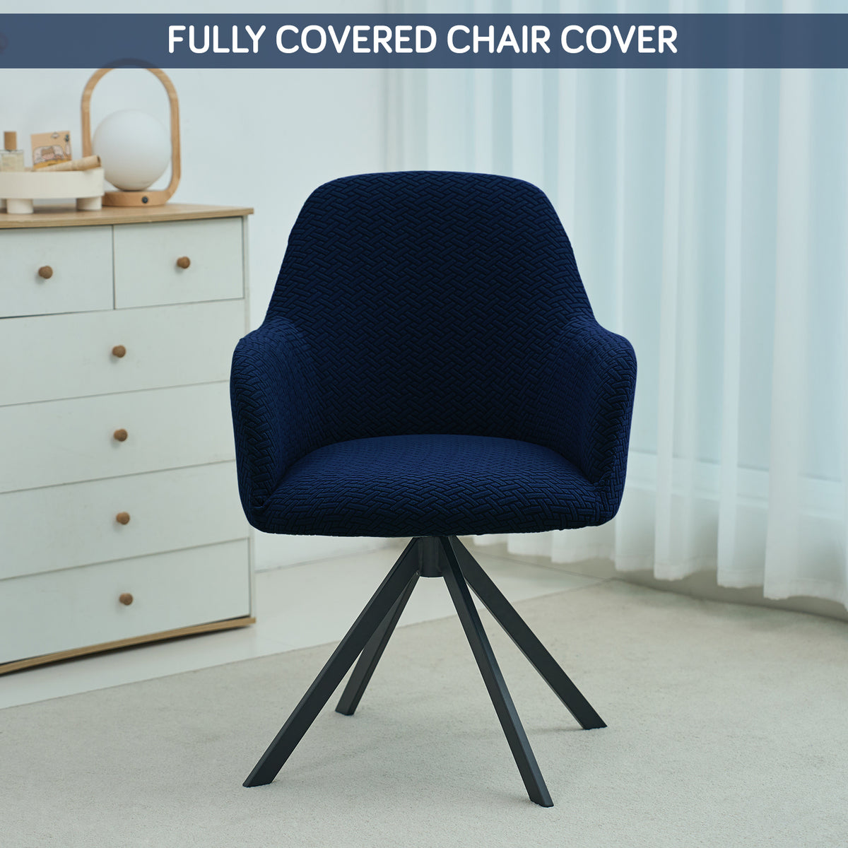 Premium Jacquard Fully Covered Cover for Swivel Dining Chair with Arms, Navy Blue