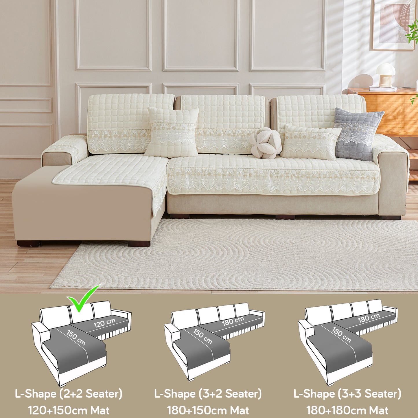 BelleLace Series Imperial Milk Velvet L Shape Sofa Cover Mat with Lace Design - Pearl White