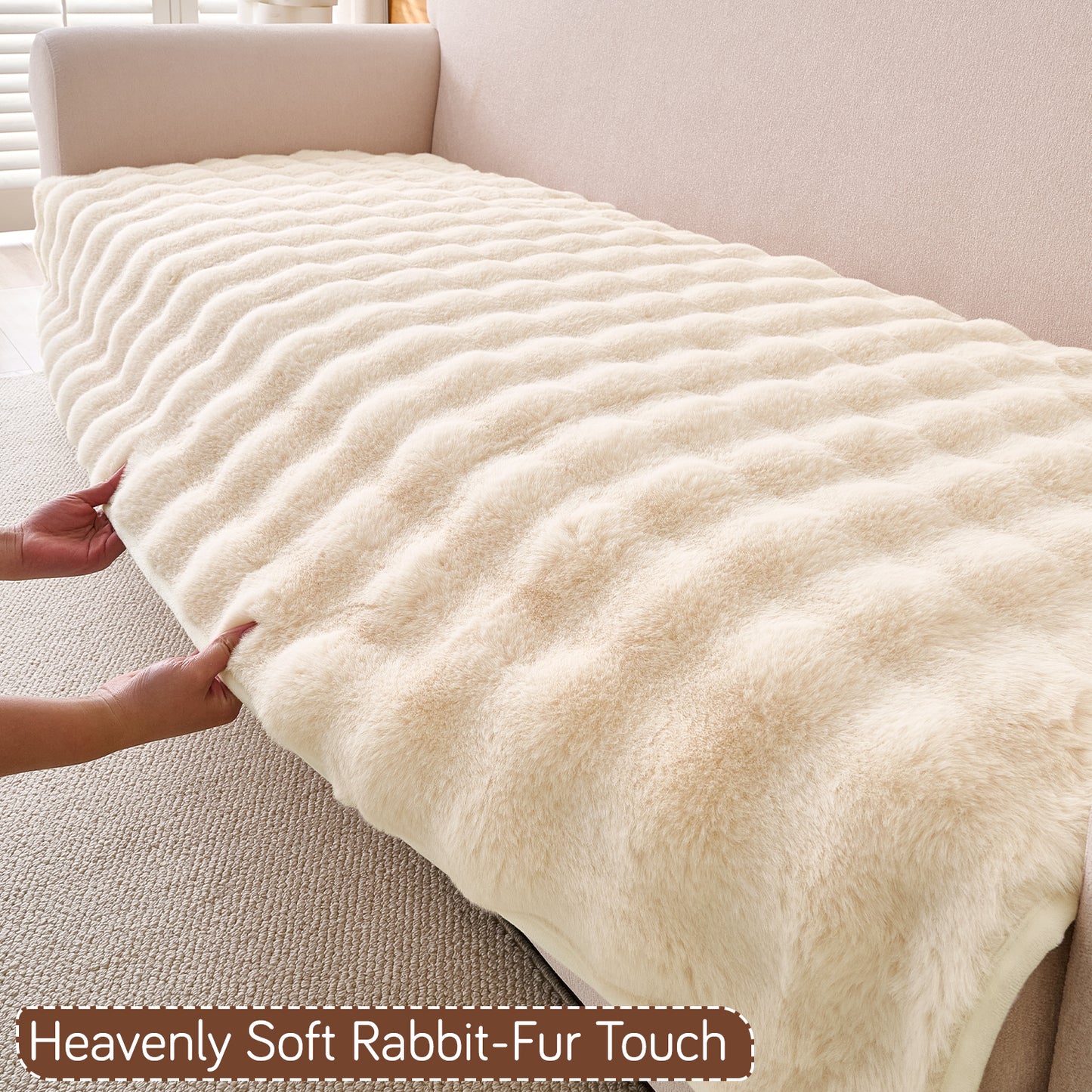 Premium Faux Rabbit Fur Anti Slip Sofa Mat for 1/2/3 Seater, Beige