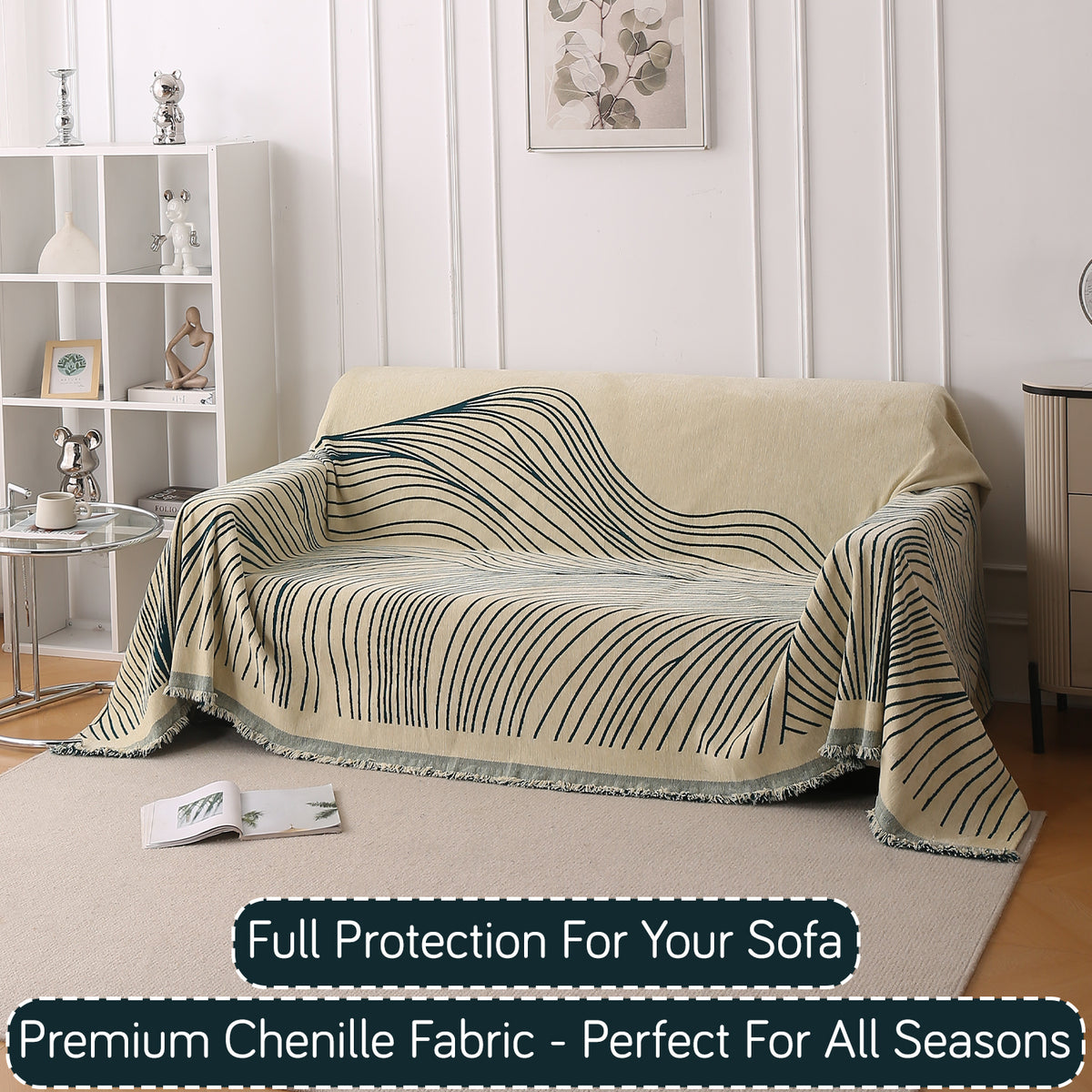 Buy Peacock Green Colour WaveLoom Chenille 3 Seater Sofa Throw | HOKIPO